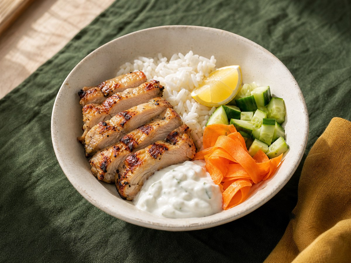 Yogurt chicken and rice arranged for dinner